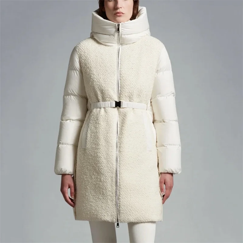 

Women's winter jacket2023 Korean fashion tweed patchwork hood Down jackets High quality white goose down filling Long down coats