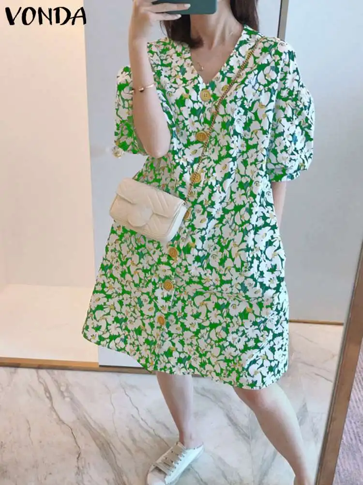 

Sexy Mini Dress Summer Sundress 2023 VONDA Women Fashion Short Sleeve Floral Printed Sundress V-Neck Loose Beach Vestidos Robe