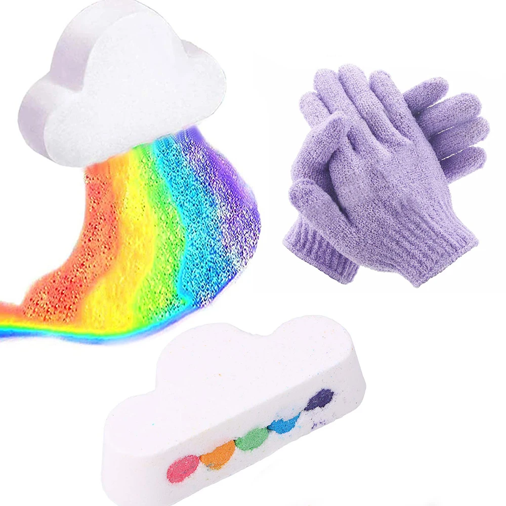 

Rainbow Bath Bomb And bath Gloves Set With Natural Sea Salt Colorful Cloud Fizzies Gift For Women Kids Moisture Skin