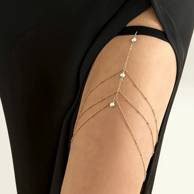 IngeSight.Z Sexy Multilayer Tassel Pearl Clip Bead Leg Chain for Women Simple Adjustable Elastic Thigh Chain Beach  Body Jewelry 2
