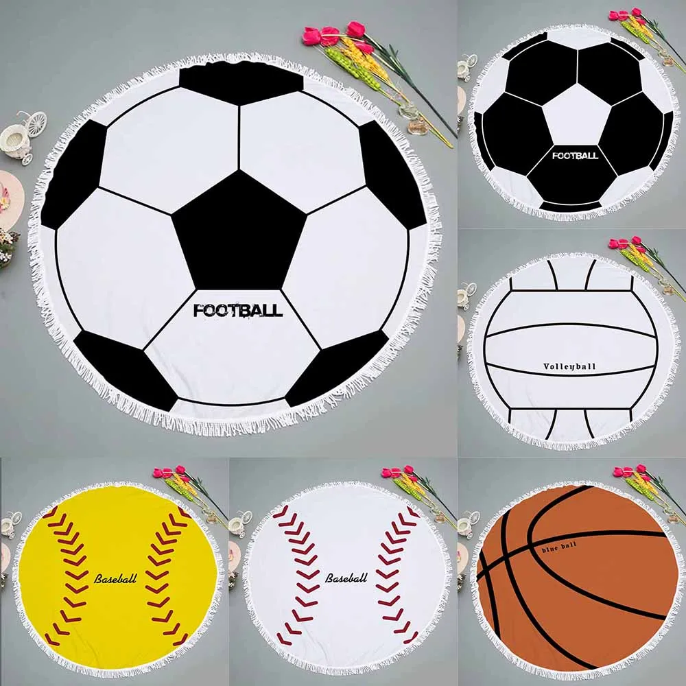 Sports Black and White Soccer Pattern Beach Towel 150cm Round 100% Polyester Towel with Tasels Ball Design Blanket Absorbent Mat