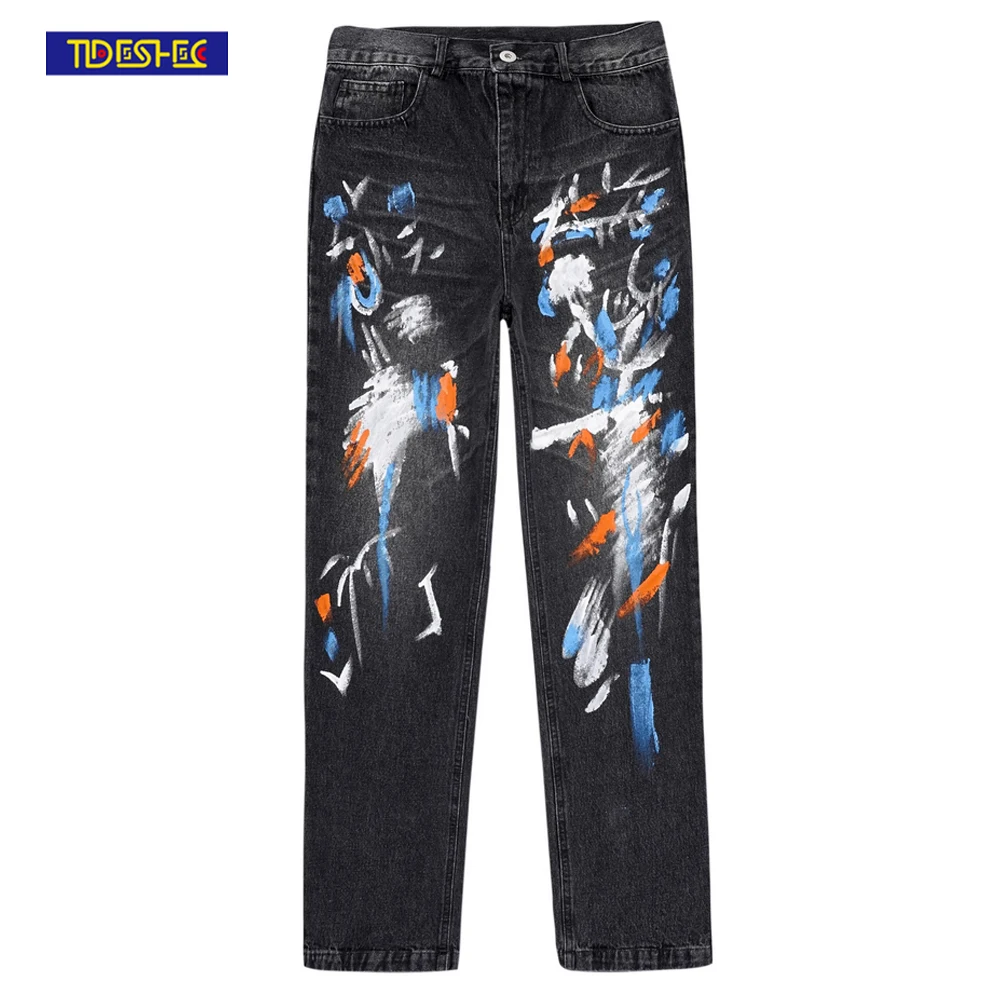

Mens Streetwear Graffiti Splattered Straight Leg Jeans Mens Casual Trousers Straight Retro Harajuku Oversized Couple Pants