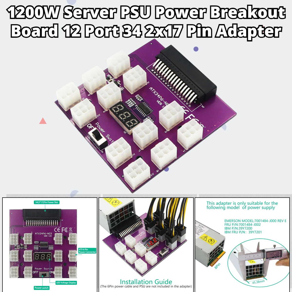 

Upgrade PCIE Power Supply Breakout Board Adapter with 12 Ports 34(2x17) Pin Connector P1200W Server PSU Power Module