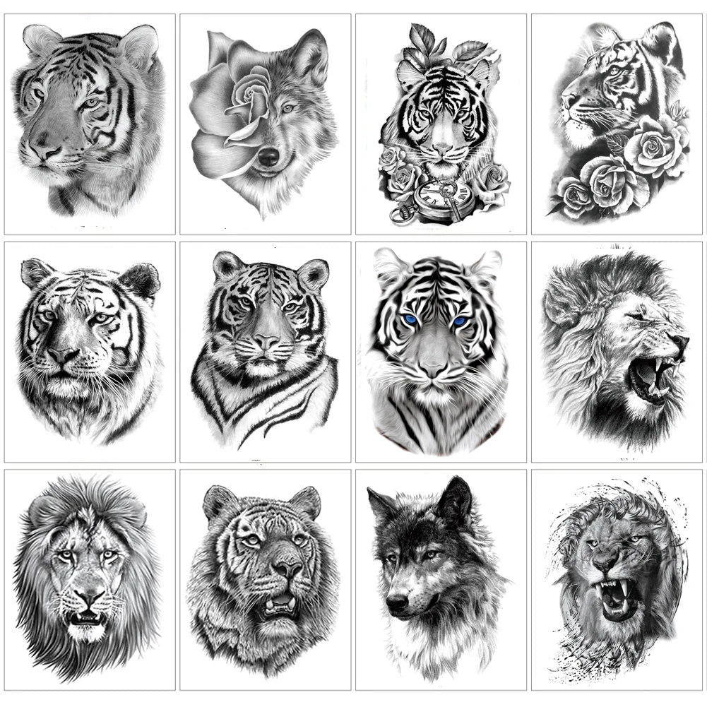 

Tribal Realistic Lion King Temporary Tattoo Stickers For Men Kids Cool Black Tiger Drawing Waterproof Fake Tattoos Body Art TH