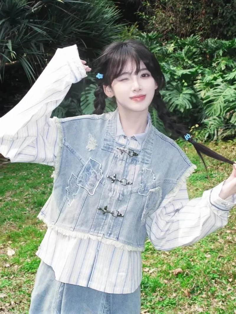 Miiiix Новый китайский стиль Instagram джинсовый Улучшенный жилет ханьфу Топ Женская
