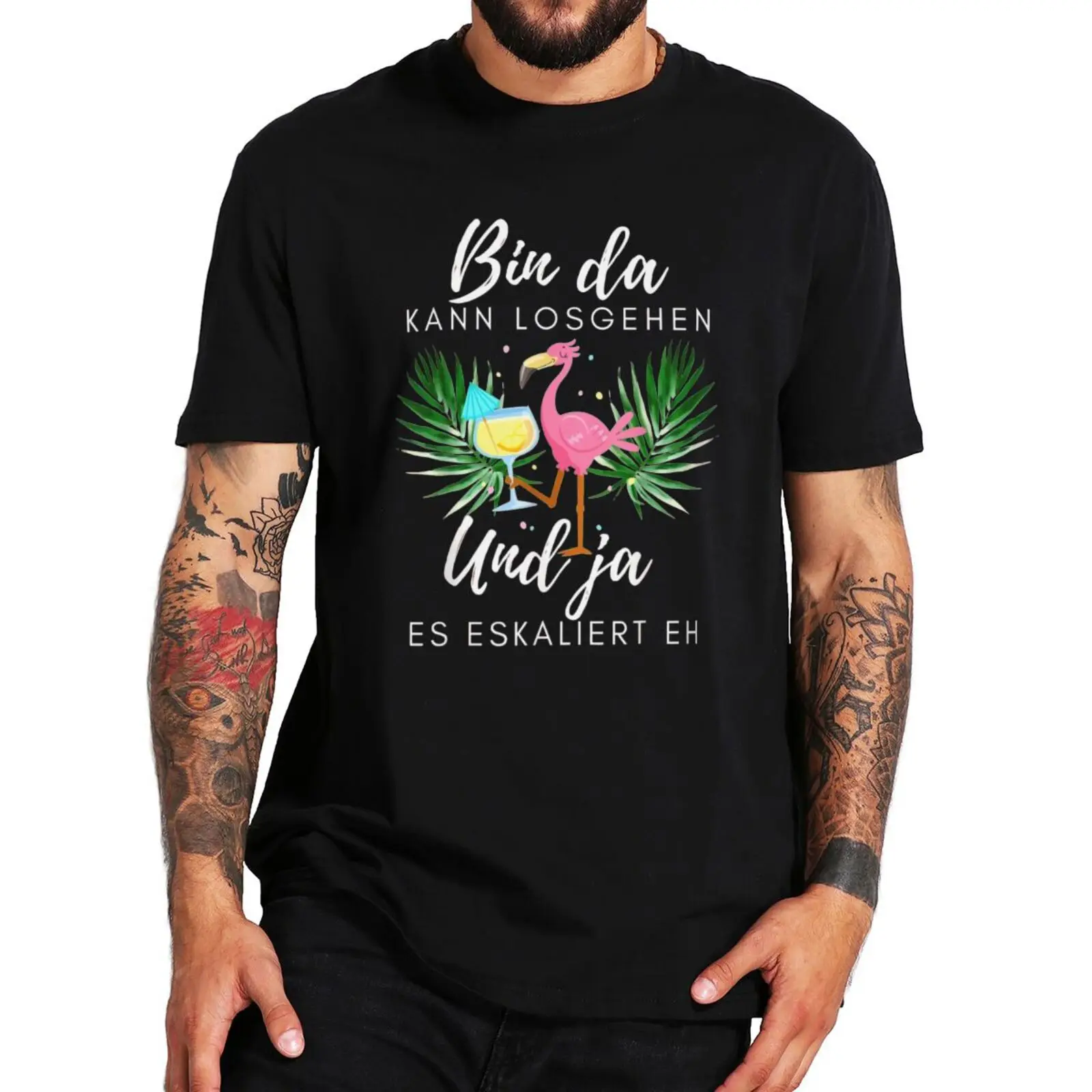 

Team Groom JGA Bachelor Party T Shirt With German Text Flamingo Bin Da Kann Losgehen Und Ja Es Eskaliert Eh Men's T-Shirt