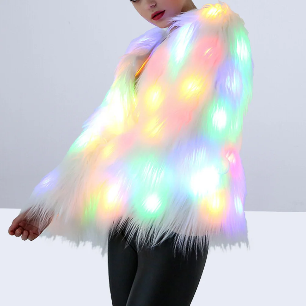 Women’s Jacket Rainbow Sparkly Light White Furry Rave Costume Luminous Outwear Fancy Party White Size