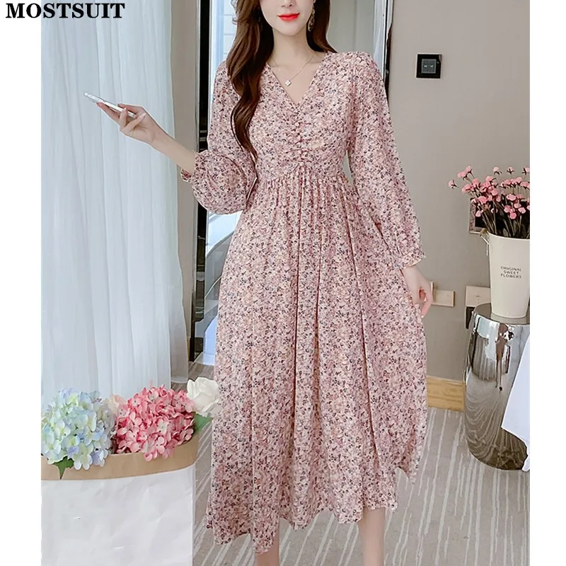 

Floral Printed Women Dress 2022 Spring Full Sleeve V-neck Elastic Waist Long Dresses Vintage Elegant Fashion Ladies Vestidos