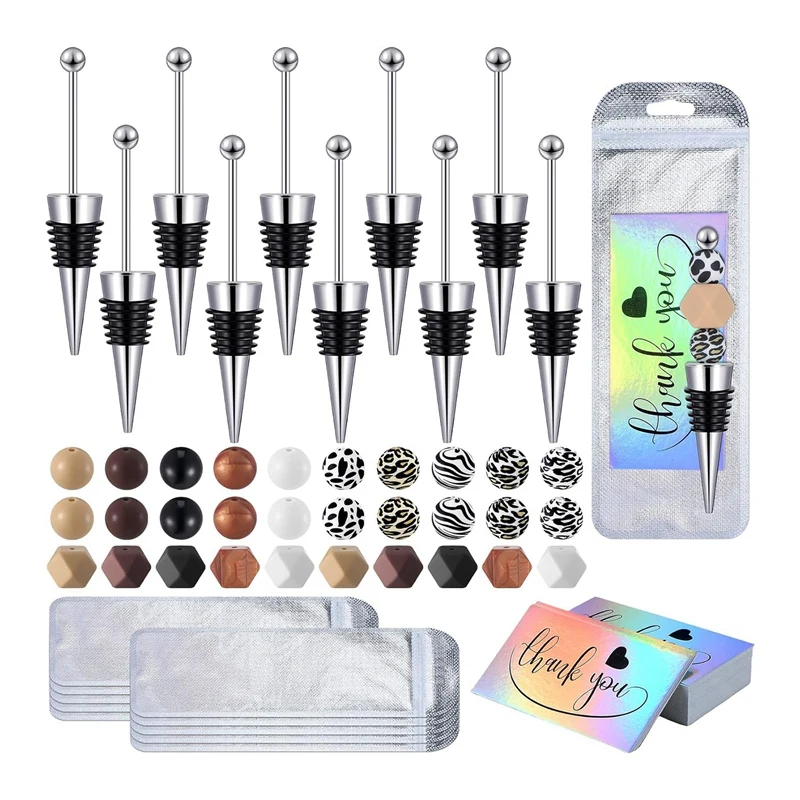 

10 PCS Beadable Wine Stoppers For Wine Bottles Bulk Alloy 30 Pcs 15Mm Silicone Beads Bulk For DIY Wedding Bar Holiday Party