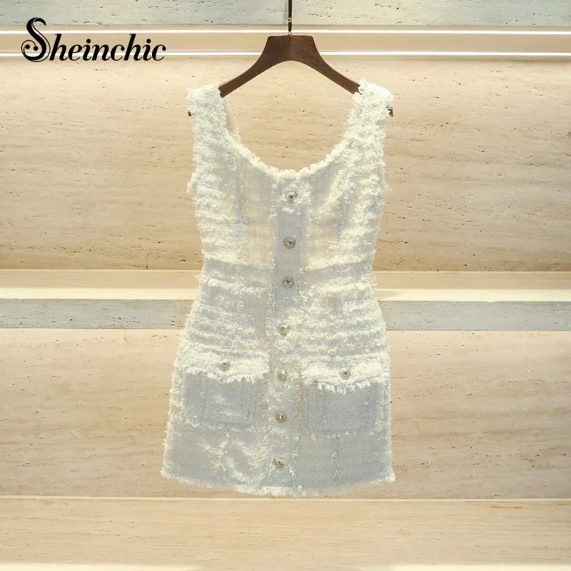 

Runway Designer Clothes Women Luxury Elegant Ladies Tassel V-neck Sleeveless Mini Dresses White Woolen Vestido Fiesta