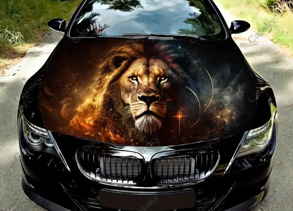 

Виниловые наклейки на капот автомобиля с изображением Льва и звездного неба, виниловая пленка, наклейки на крышку двигателя, универсальная защитная пленка на капот автомобиля