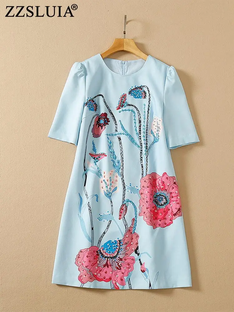 

ZZSLUIA Summer Dresses For Women Beading Sequined Designer Printed Short Sleeve Vintage Dress Fashion Elegant Female Clothing