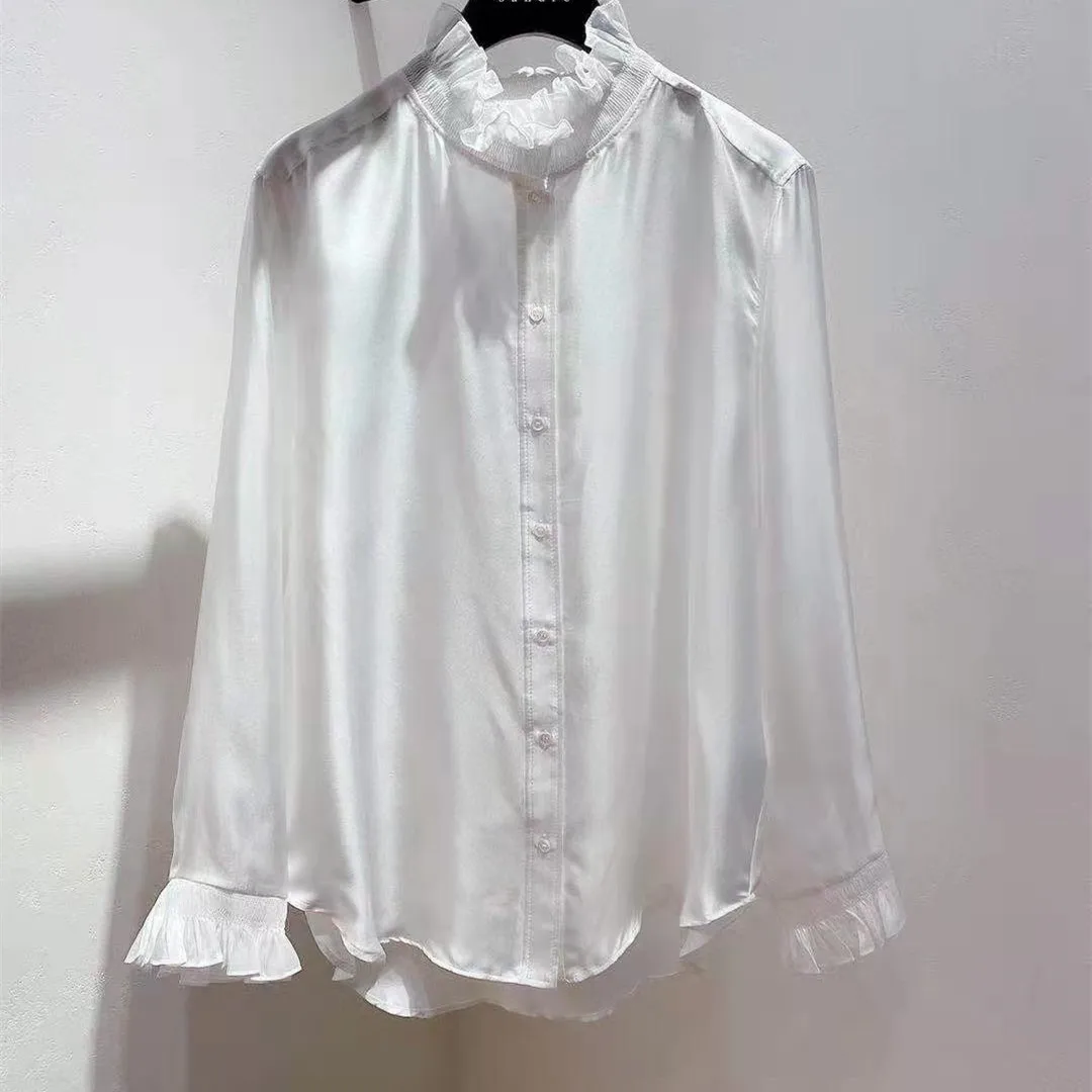 

2021 Autumn and Winter New Elegant Temperament Comfortable Fungus Collar Versatile Silk Long Sleeve Straight Tube Shirt Women