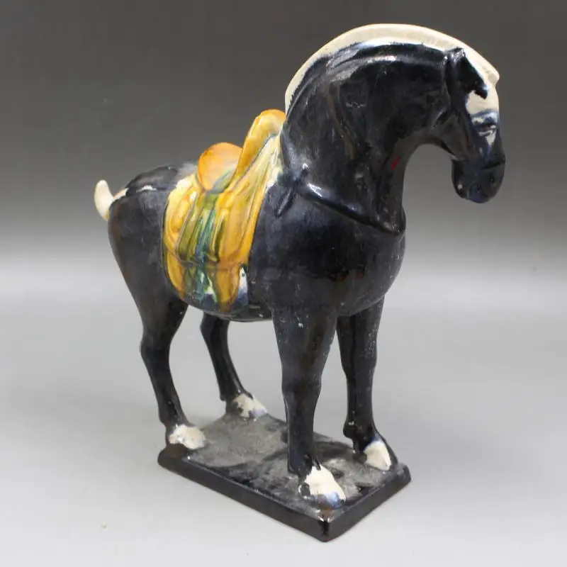

8.3" Chinese TangDynasty Tri-coloured Glazed Pottery Animal Dark Horse Statues