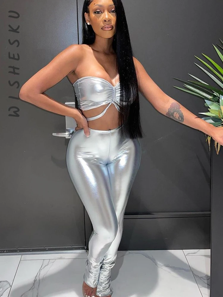 

Two Piece Set Women Bright Party Outfits Sexy Strapless Corset Crop Top+High Waist Slim Pants 2022Spring Fall Night Club Clothes