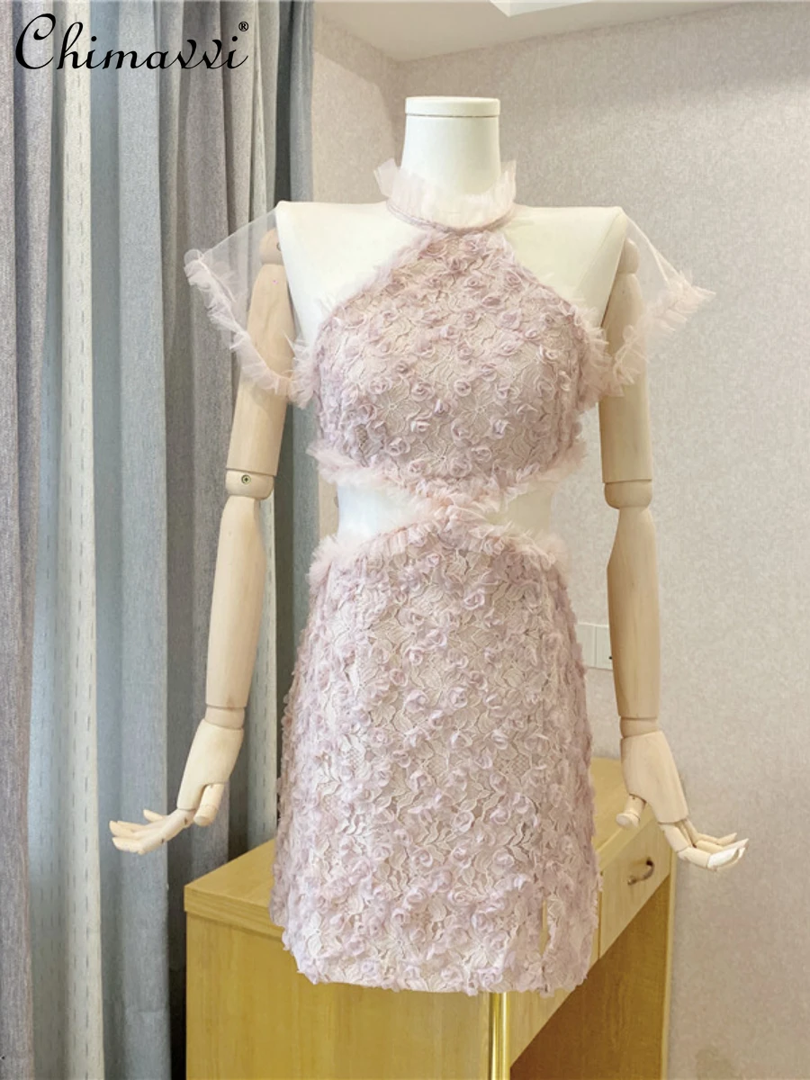 

Short Gown Dress 2022 Summer Dresses New High-End Lace Stitching Mesh Three-Dimensional Flower Elegant Short Dress for Women