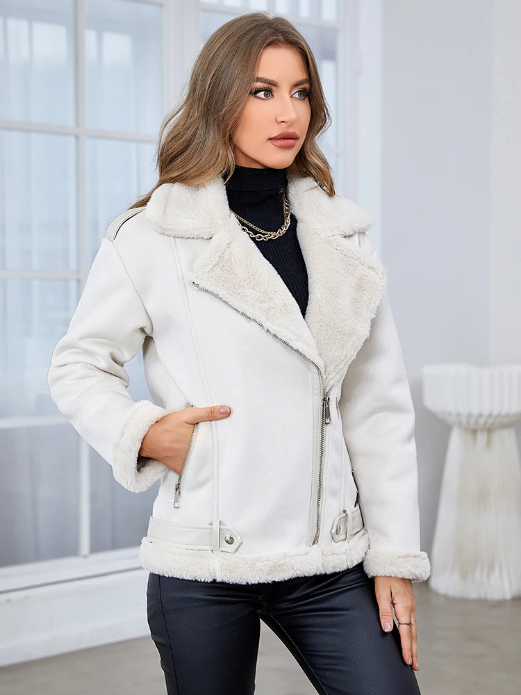 Ailegogo Autumn Winter Women Faux Soft Fur Sheepskin Coat Streetwear Moto Biker Female Zipper Loose Thick Warm Jacket Outwear