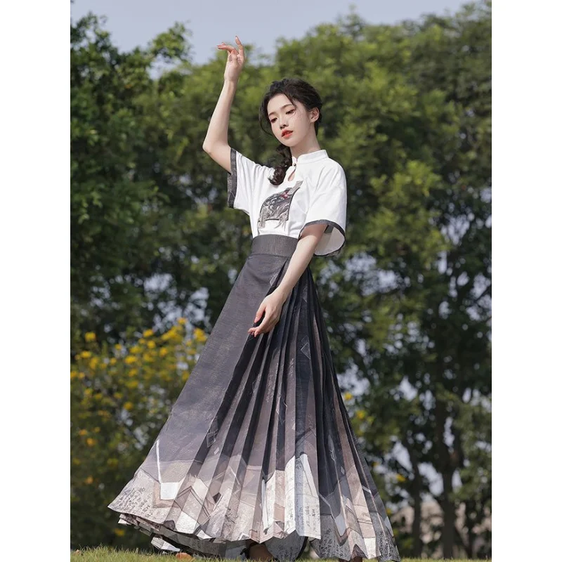 

Chinese Hanfu Short Skirt Set Button Short Sleeve Shirt Top Women's Summer High end Improved Horse Face Long Dress Two Piece Set