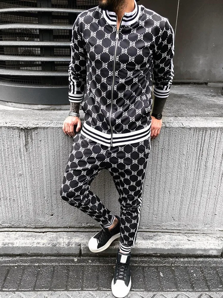 

2023 New Autumn Men's Sets Gentlemen Tracksuit Mens Jackets+Pants 2 Piece Sets Sportswear Plaid Sports Suit 3D Print Men Clothes