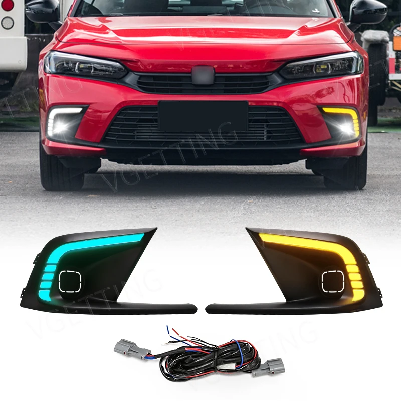 Luces de circulación diurna DRL para coche, accesorios de lámpara antiniebla de 3 colores, blanco, azul, amarillo y ámbar, para Honda Civic 2021 2022