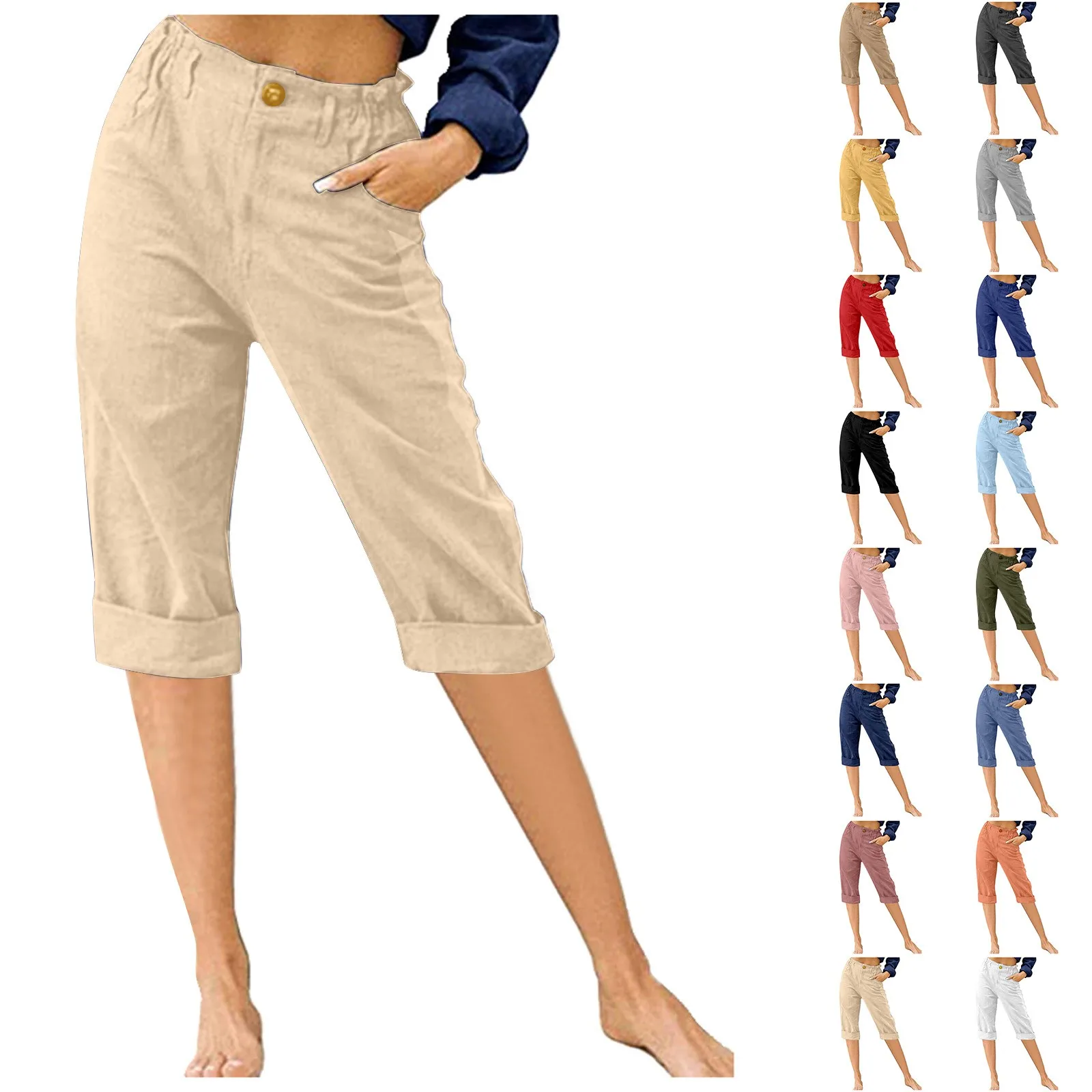 

Брюки женские хлопково-льняные с карманами, однотонные бриджи до колена с завышенной талией, на пуговицах, одежда для улицы, 2023