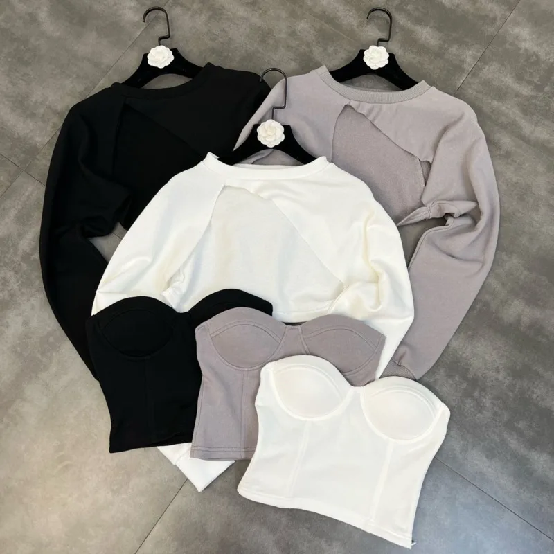 

PREPOMP 2022 Spring New Arrival Long Sleeve O Neck Overall Padded Chest Tank Top Women Two Piece Set GD935