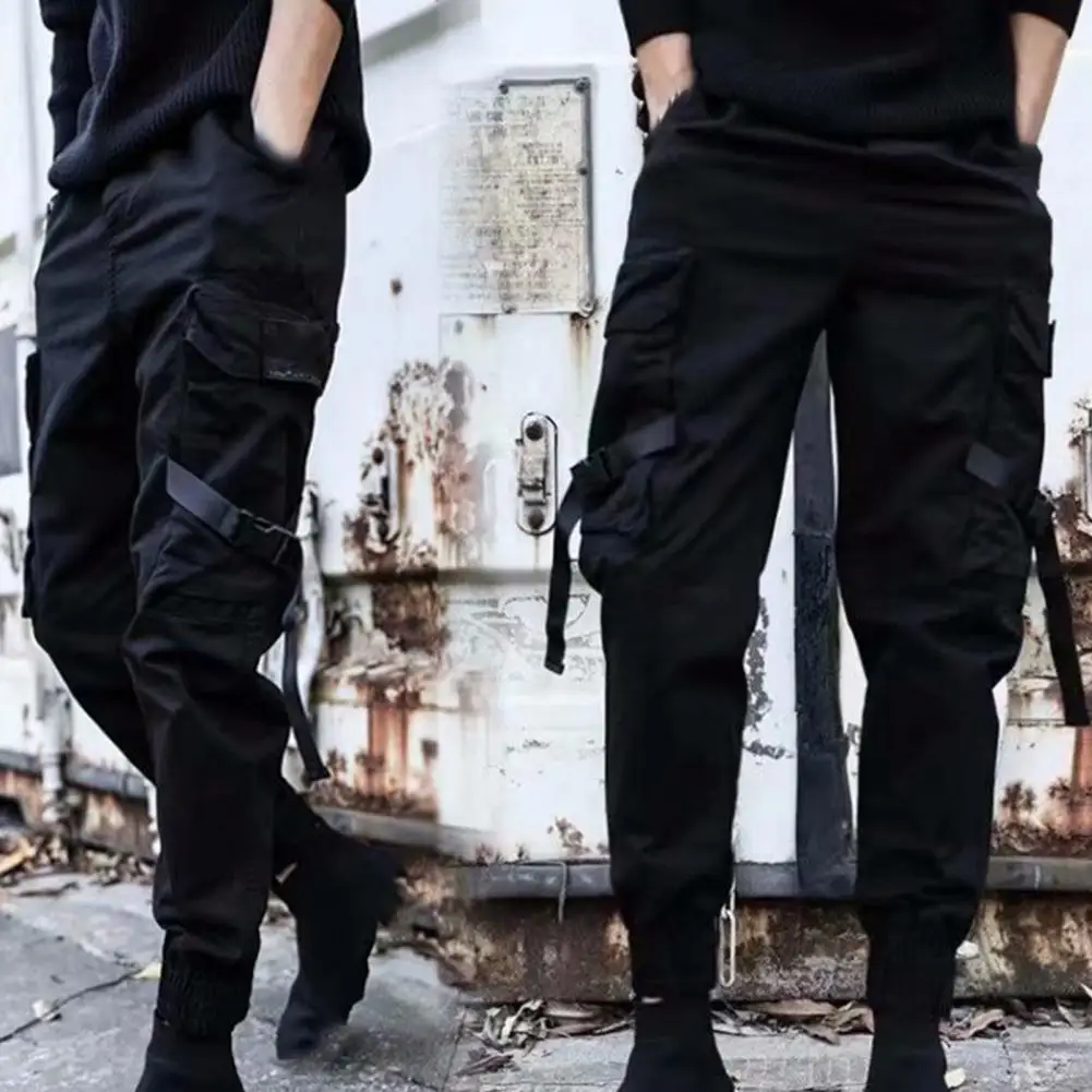 

Cool Long Strap Decor Ankle-banded Stretchy Waist Jogger Trousers Daily Clothes