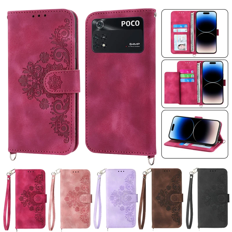 

Flower Case on For Xiaomi Poco M5s X4 GT X4 NFC M4 Pro C40 PocoM4 5G PocoM5 S Leather Flip Stand Phone Case Protect Cover