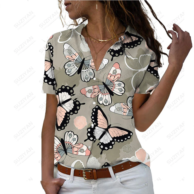

3D Flower Butterfly Print Women's Clothing Elegant Temperament Short Sleeve Women's Shirt Plus Size Women's Polo Cardigan Yk2