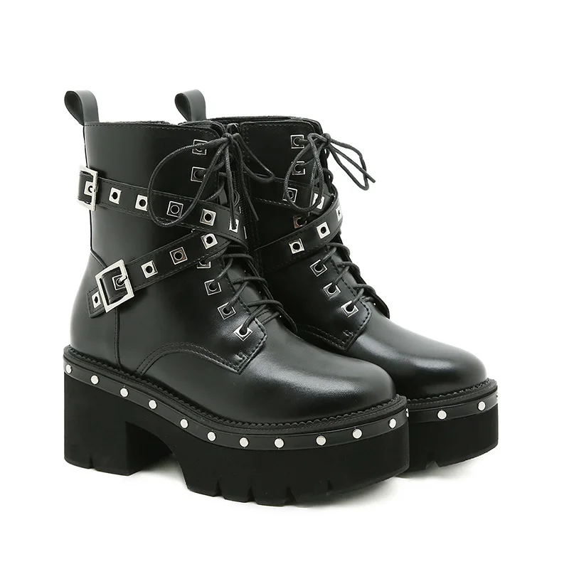 

Ankle Boots Women Rivet Metal Buckle Black High Heeled Short Booties Female Martens Motorcycle Goth Punk With Free Shipping Shoe