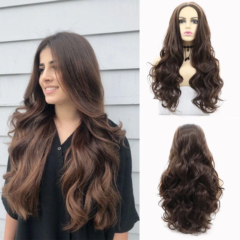 

Brown Wavy Wig Machine Made Heat Resistant Fiber Perfect for Prom Cosplay or Rveryday Eear 150 Density 24 Lnches