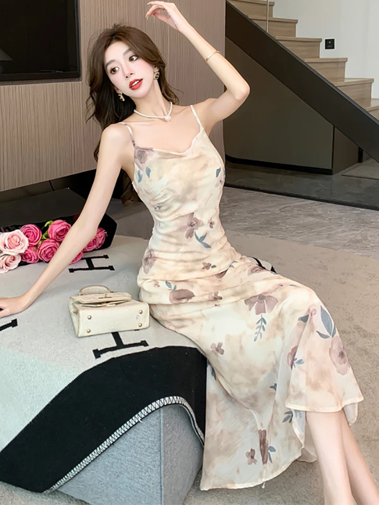 Женское шифоновое платье на бретельках повседневное элегантное длинное