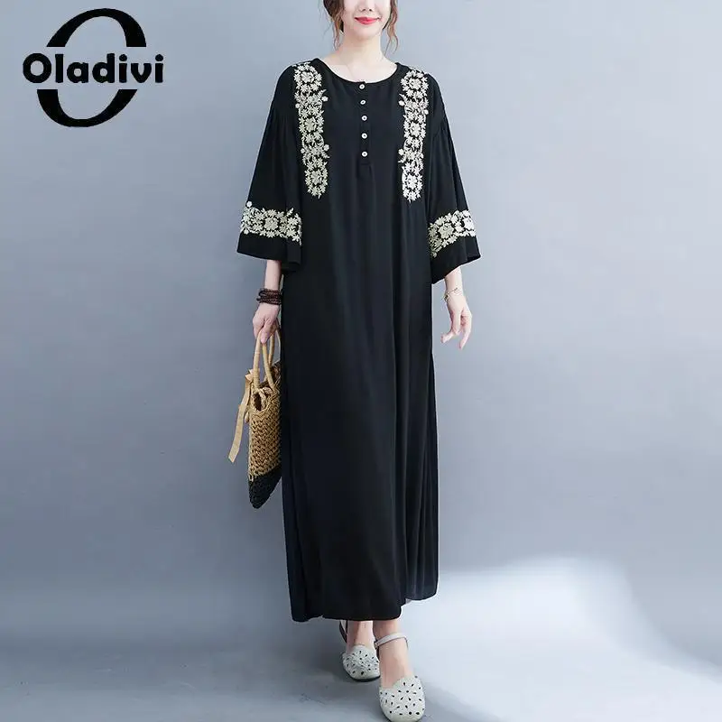 Oladivi Fashion Embroidery Short Sleeve Bohemian Long Dress 2023 Summer Boho Beach Wear Vintage Women Oversized Dresses 5XL 9635