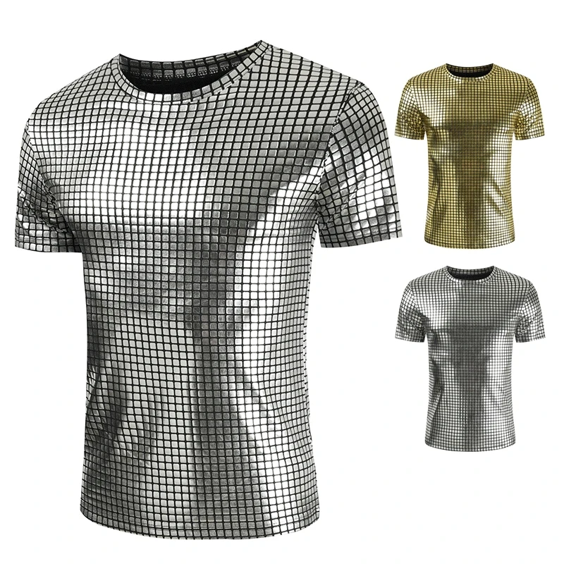 2023 Sexy New Silver Plaid Metallic Nightclub Wear Tshirt Men Disco Party Stage Prom Tshirts Men Slim Fit V Neck Tee Shirt Homme