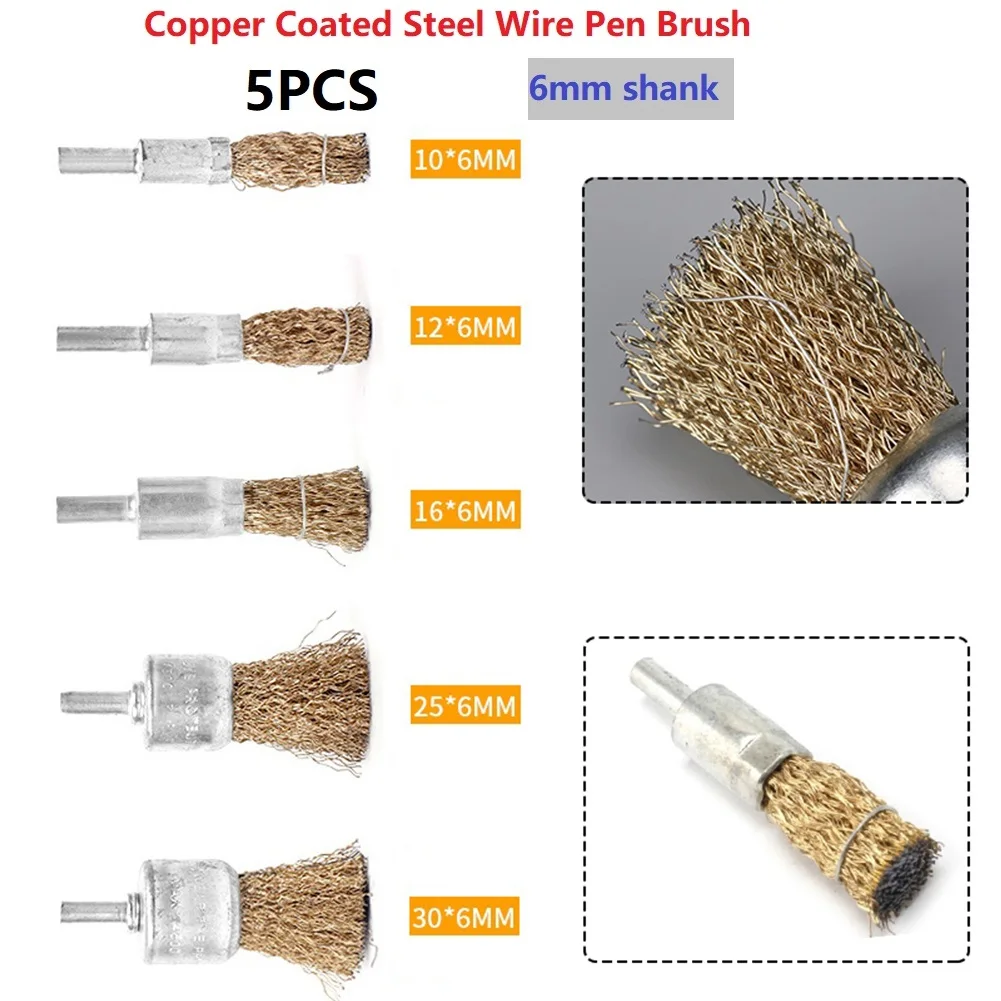 

5Pcs 6mm Shank Copper Wire Brush Plating Stainless Steel Wire Wheel Brushes Rotary Tool 10/12/16/25/30mm Wire Brushes