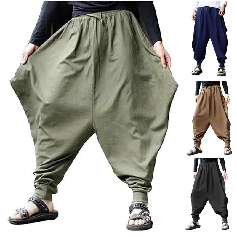 

Plus Size Cotton Linen Harem Pants Men Baggy Japanese Style Joggers Mens Hip hop Crotch Wide Leg Pants Casual Loose Trousers