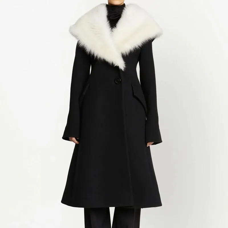 Черное шерстяное пальто для женщин большой меховой воротник тяжелый дизайн