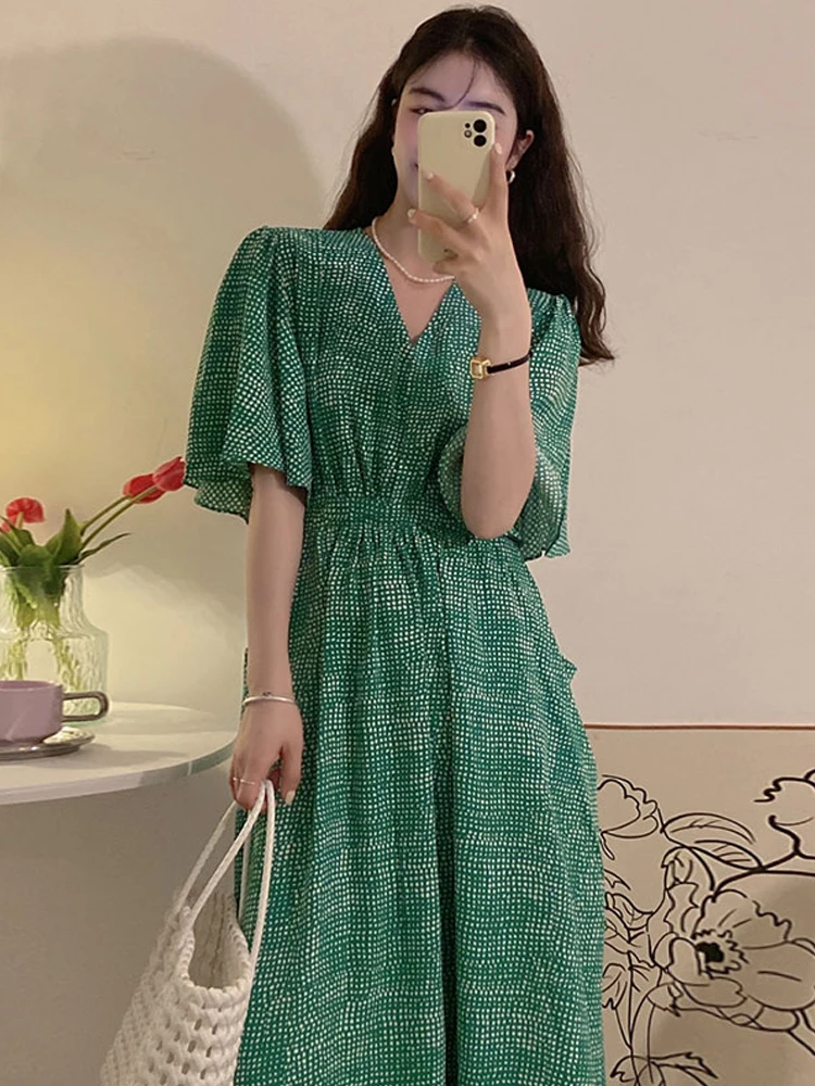 

New Korean Chic Summer Women'S Dress Daily Dress Elegant V-Neck Pleated Waist Slimming Big Pocket Short-Sleeved Polka Dot Dress