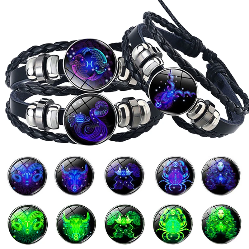 

Fashion Constellation Luminous Bracelet for Men Women Couple Wristband Multi-Layer Handmade Woven PU Rope Charm Glass Bracelet