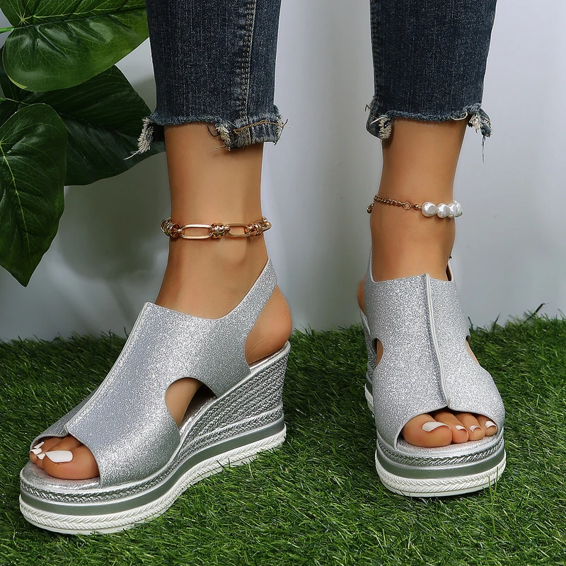 Cut Out Glitter Slingback Wedge Sandals for Women Casual Open Toe Sandals Wedge Heel Closed Toe Womens Leather Sandal Coral images - 6