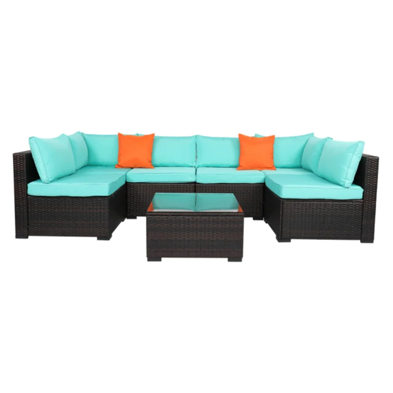 

Brown Gradient Rattan Lake Blue Cushion Cushion Vacuum Packing Rattan 7 Piece Set [US Stock]