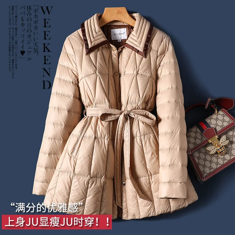 Luxury High Quality Thin Winter Coat Women  90%  White Duck Down  Autumn/Winter  Vintage  Covered Button  Adjustable Waist