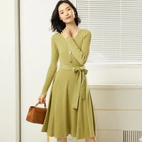 long sweater dress spring new slim v neck vertical pattern waist slimming over the knee knitted skirt