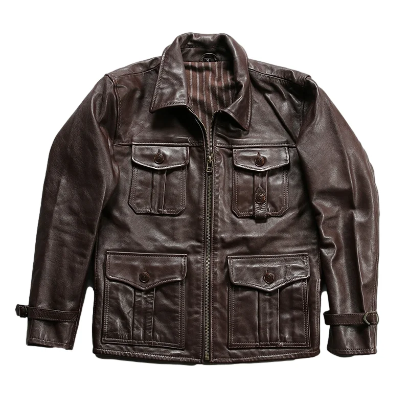 

Safari Style Dark Brown Autumn Leather Jacket Men Plus Size 5XL Four Pockets Natural Cowhide Slim Fit Genuine Leather Coat