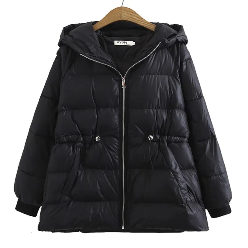 Winter Plus Size Parka Women Clothing 6XL Loose Fit Hooded Padded Jacket Drawstring Waist Black Thick Down Cotton Keep Warm Coat