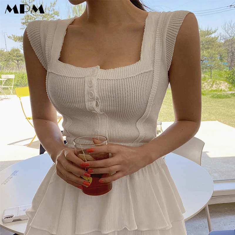 

Summer Women's Knitted T-Shirt Slim Sexy Square Neck Ladies Solid Small Fly Sleeve Tank Top Casual Cropped Top 2022 New