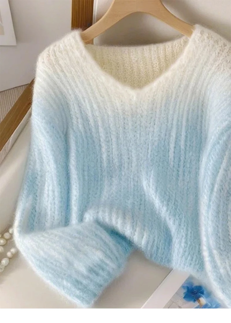 Женский трикотажный пуловер Bomon свободный синий свитер с V-образным вырезом и