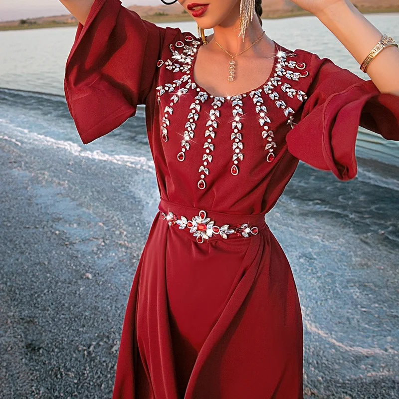Caftan Moroccan Jalabiya Chic Elegant Women's Dresses for Party 2022 Dubai Summer Gulf Luruxy Rhinestones Kaftan Dress