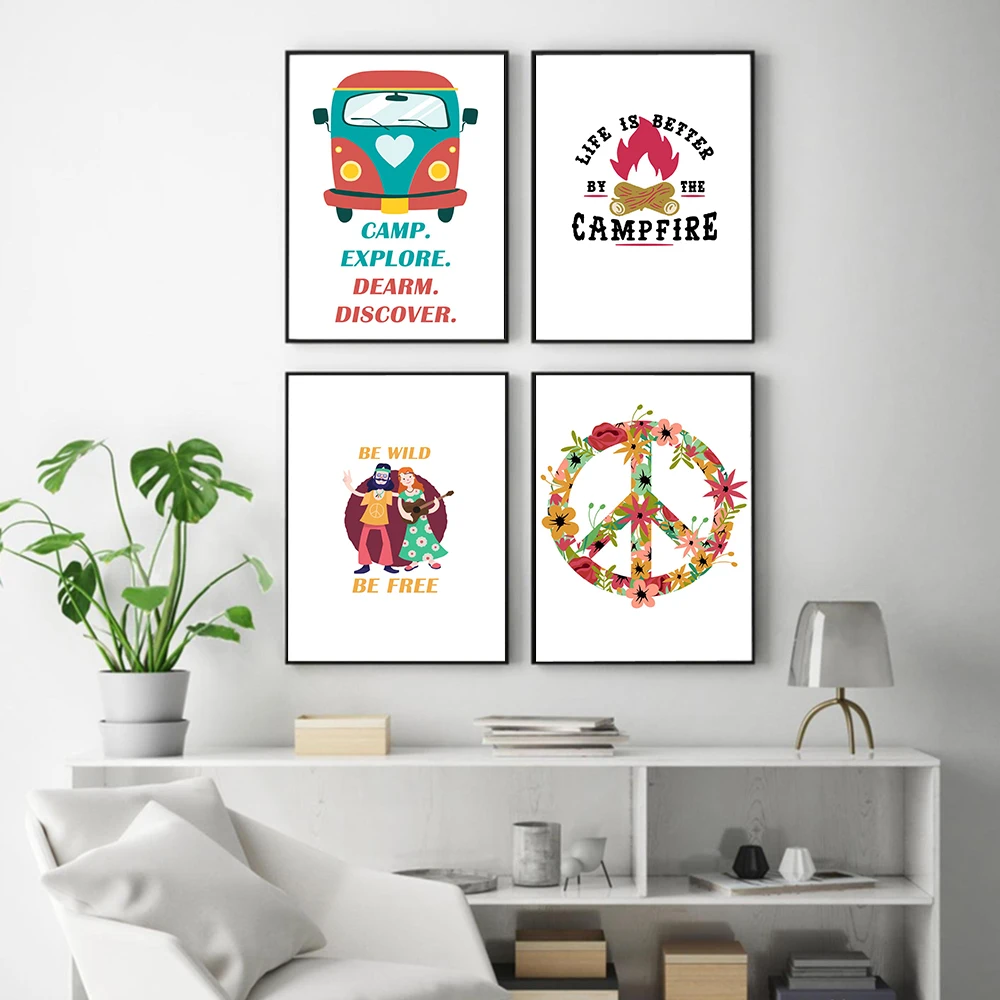 

Camp & Explore Campfire Design Canvas Painting Nordic Peace Flowers Poster and Print Be Wild Quote Pictures Wall Kids Room Decor