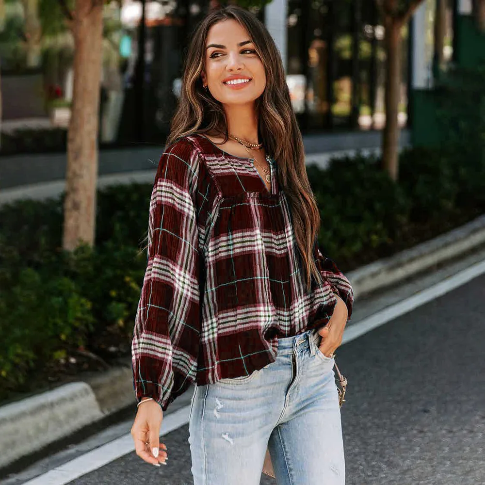 2022 New Fall Women's Clothing Plaid Printed Long Sleeve V-neck Loose Casual Four-Sided Stretch Shirt Womens Tops